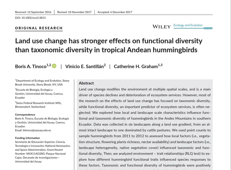 Nueva publicación del Dr. Boris Tinoco y otros. "El cambio de uso de suelo tiene efectos más fuertes  en la diversidad funcional que en la diversidad taxonómica en colibríes de los Andes tropicales"
