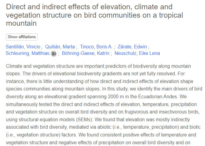 Direct and indirect effects of elevation, climate and vegetation structure on bird communities on a tropical mountain