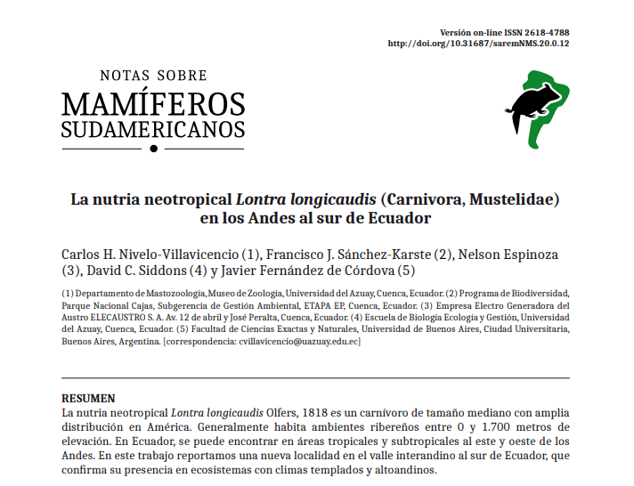 La nutria neotropical Lontra longicaudis (Carnivora: Mustelidae) en los Andes del sur del Ecuador.