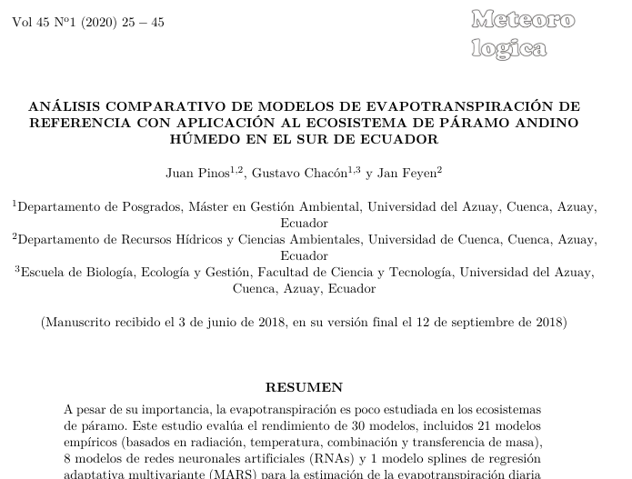 Análisis comparativo de modelos de evapotranspiración de referencia con aplicación al ecosistema de páramo andino húmedo en el sur de Ecuador