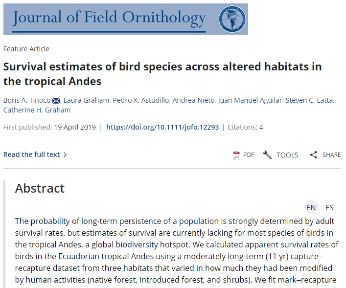 Survival estimates of bird species across altered habitat in the tropical Andes