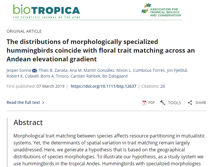 The distributions of morphologically specialized hummingbirds coincide with floral trait matching across an Andean elevational gradient