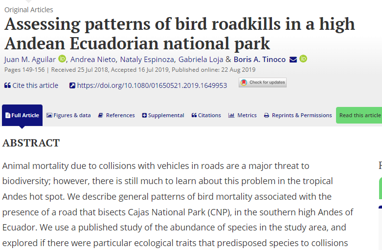 Assessing patterns of bird roadkills in a high Andean Ecuadorian national park.