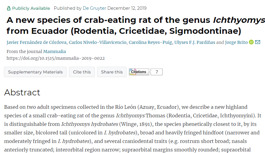 A new species of crab-eating rat of the genus Ichthyomys, from Ecuador (Rodentia, Cricetidae, Sigmodontinae)