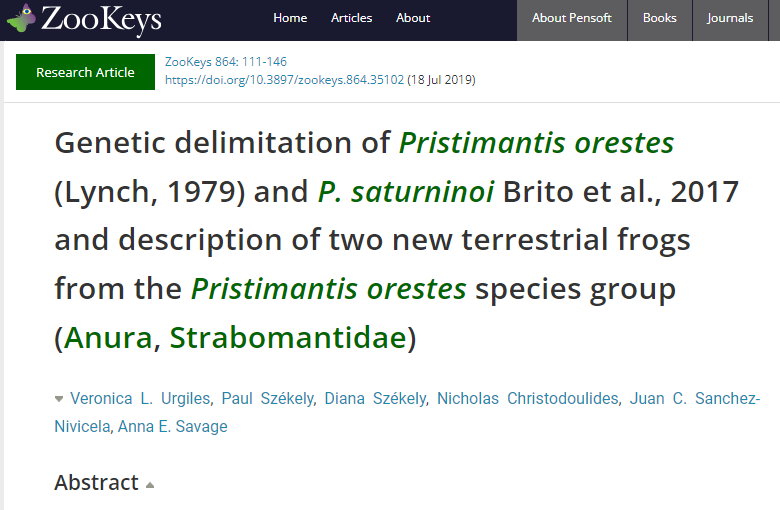 Genetic delimitation of Pristimantis orestes (Lynch, 1979) and P. saturninoi Brito et al., 2017 and description of two new terrestrial frogs from the Pristimantis orestes species group (Anura, Strabomantidae)