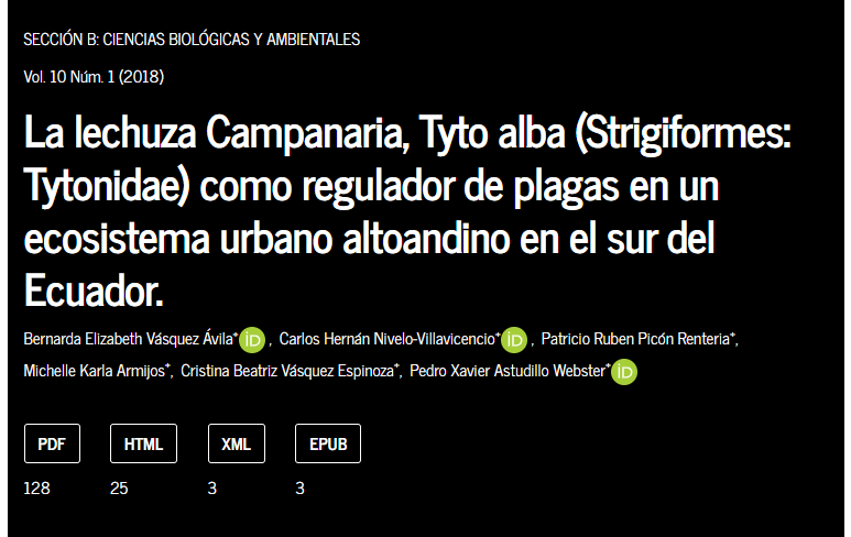 La lechuza Campanaria, Tyto alba (Strigiformes: Tytonidae) como regulador de plagas en un ecosistema urbano altoandino en el sur del Ecuador.
