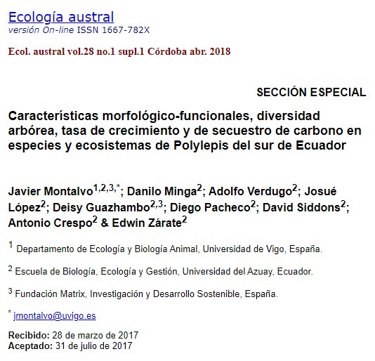 Características morfológico-funcionales, diversidad arbórea, tasa de crecimiento y de secuestro de carbono en especies y ecosistemas de Polylepis del sur de Ecuador