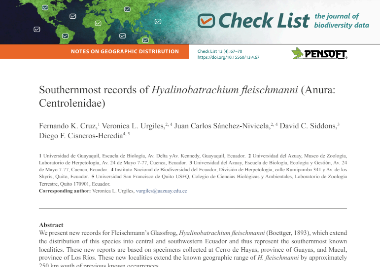 Southernmost records of Hyalinobatrachium fleischmanni ( Anura : Centrolenidae )