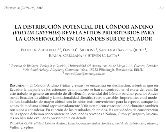 Potential distribution of the andean condor (Vultur gryphus) reveals priority sites for conservation in the southern andes of Ecuador