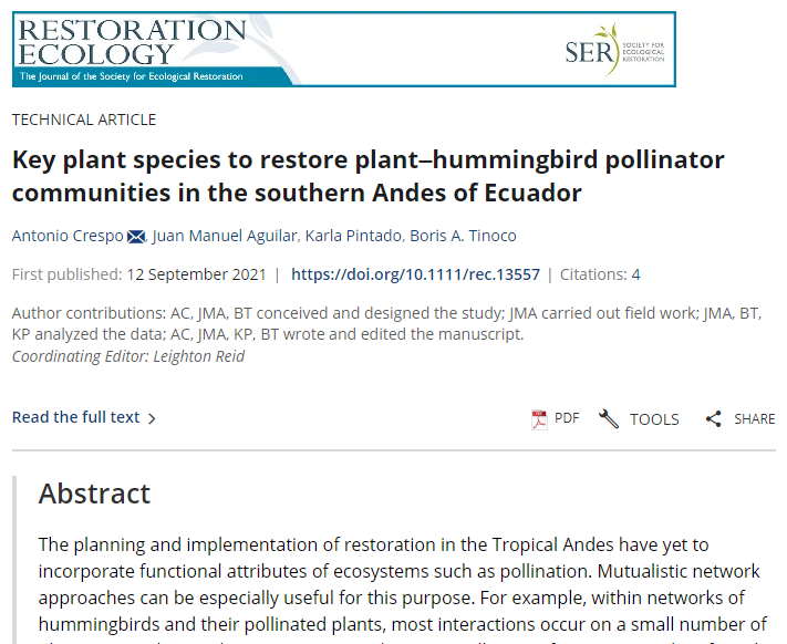 Key plant species to restore plant‐hummingbird pollinator communities in the southern Andes of Ecuador