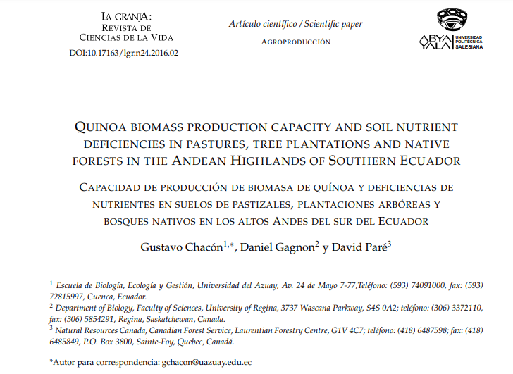 Quinoa biomass production capacity and soil nutrient deficiencies in pastures, tree plantations and native forests in the Andean Highlands of Southern Ecuador