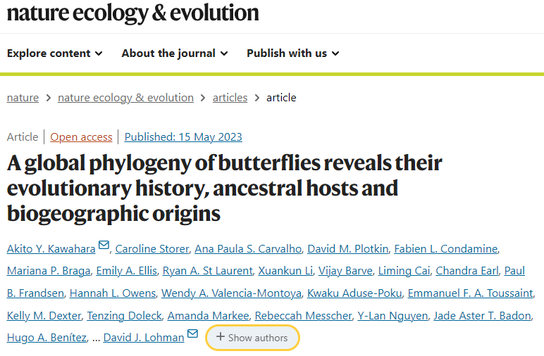 A global phylogeny of butterflies reveals their evolutionary history, ancestral hosts and biogeographic origins