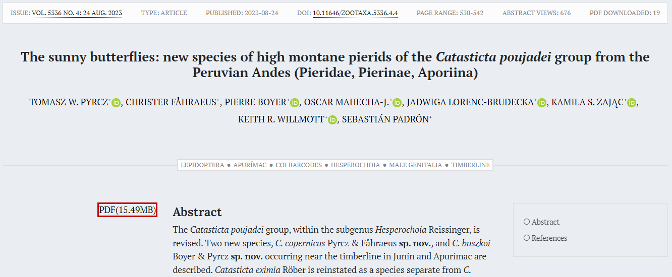 The sunny butterflies: new species of high montane pierids of the Catasticta poujadei group from the Peruvian Andes (Pieridae, Pierinae, Aporiina)